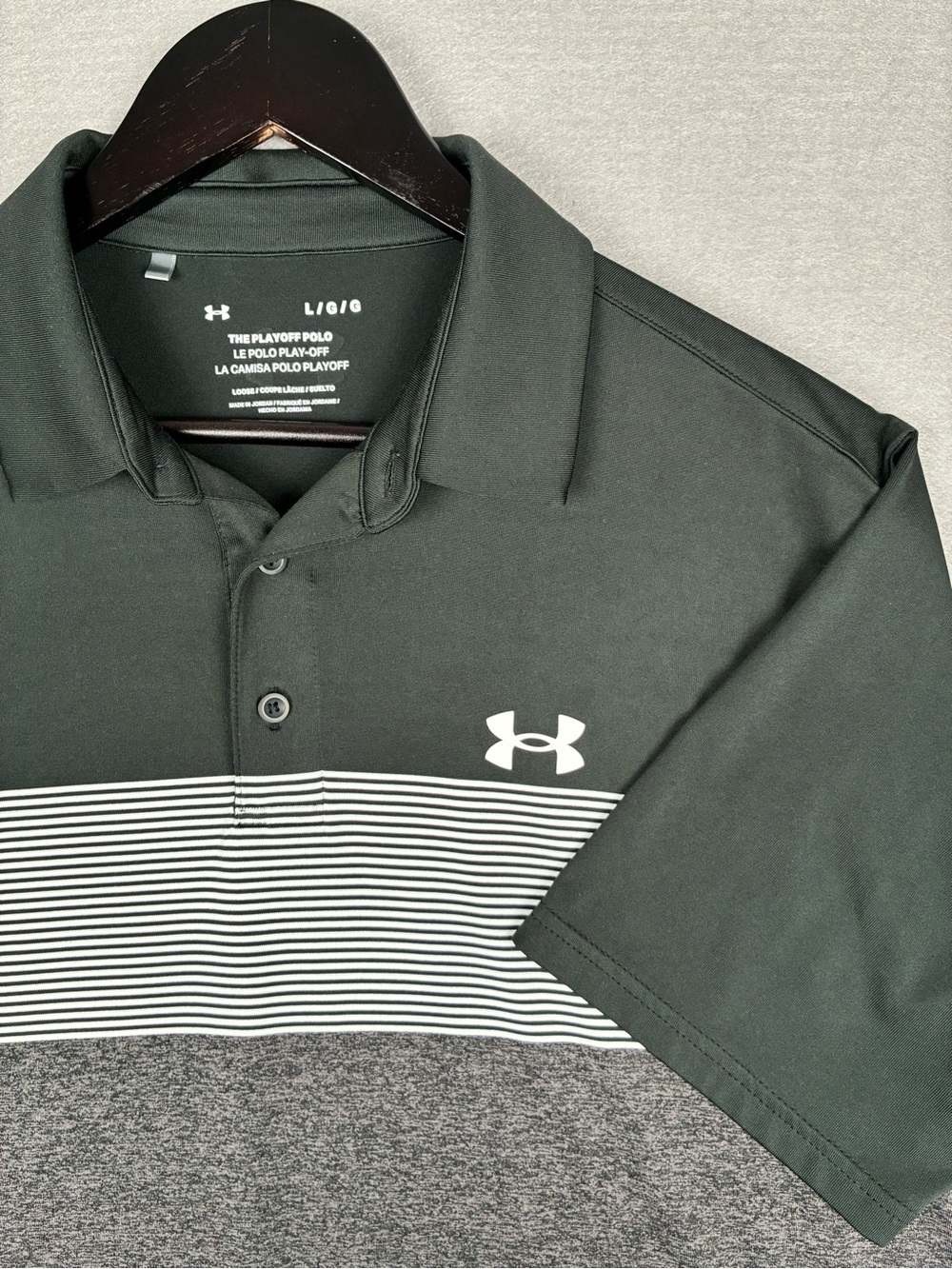 Under Armour The Playoff Polo Mens Large Moisture Wicking Performance Black/Grey